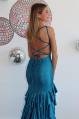Long Tiered Prom Dress with Sparkly Blue Beaded Meramid Design and Slit