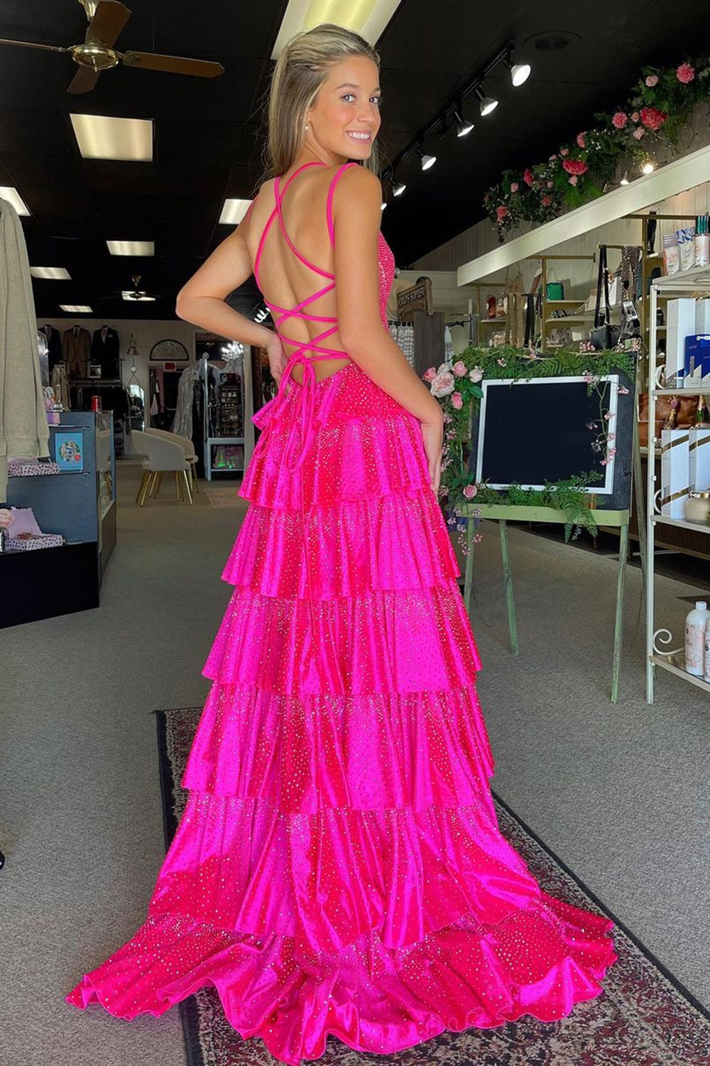 Fuchsia Glitter Long Prom Dress with Beaded Ruffles Spaghetti Straps and a Slit
