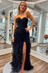 Long Corset Prom Dress in Black with Sweetheart A-Line Tulle Tiered Design and Appliques