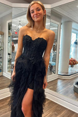Long Corset Prom Dress in Black with Sweetheart A-Line Tulle Tiered Design and Appliques