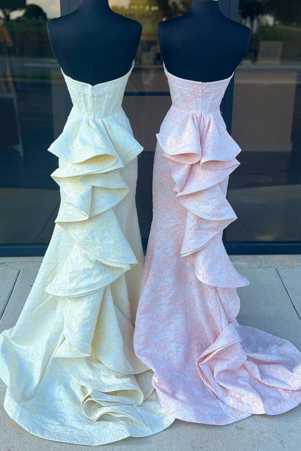 Long Yellow Sweetheart Corset Prom Dress with Floral Ruffles in Meramid