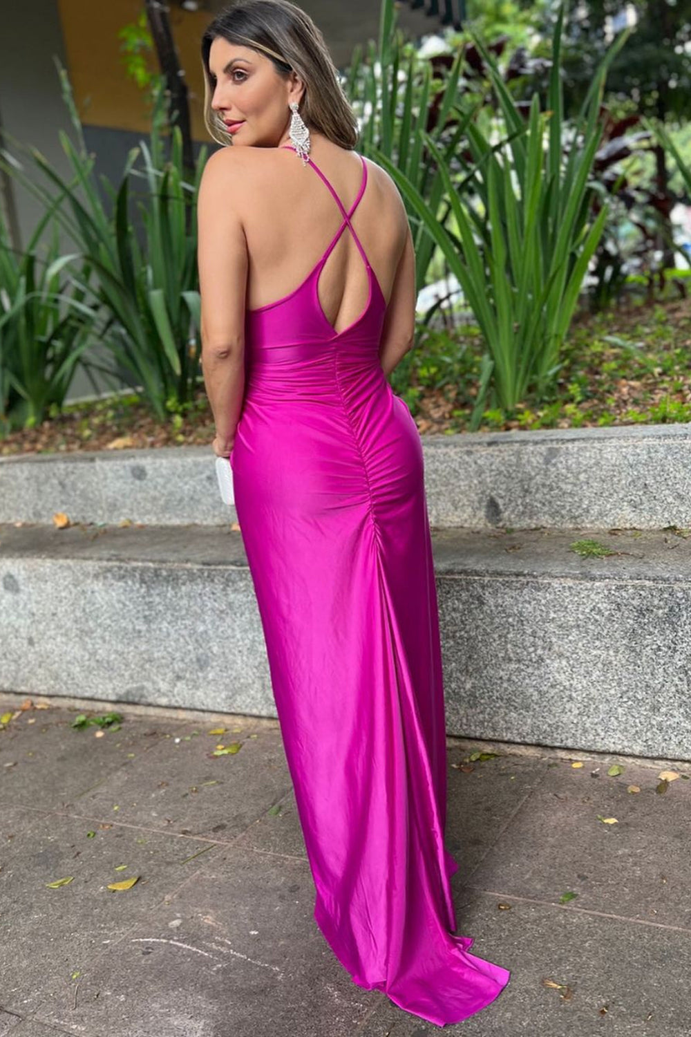 Long Ruched Satin Prom Dress with Fuchsia Spaghetti Straps