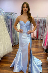 Long Mermaid Prom Dress in Sweetheart Yellow Satin with Slit