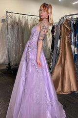 Long A-Line Prom Dress in Lilac with Spaghetti Straps and Tulle Appliques