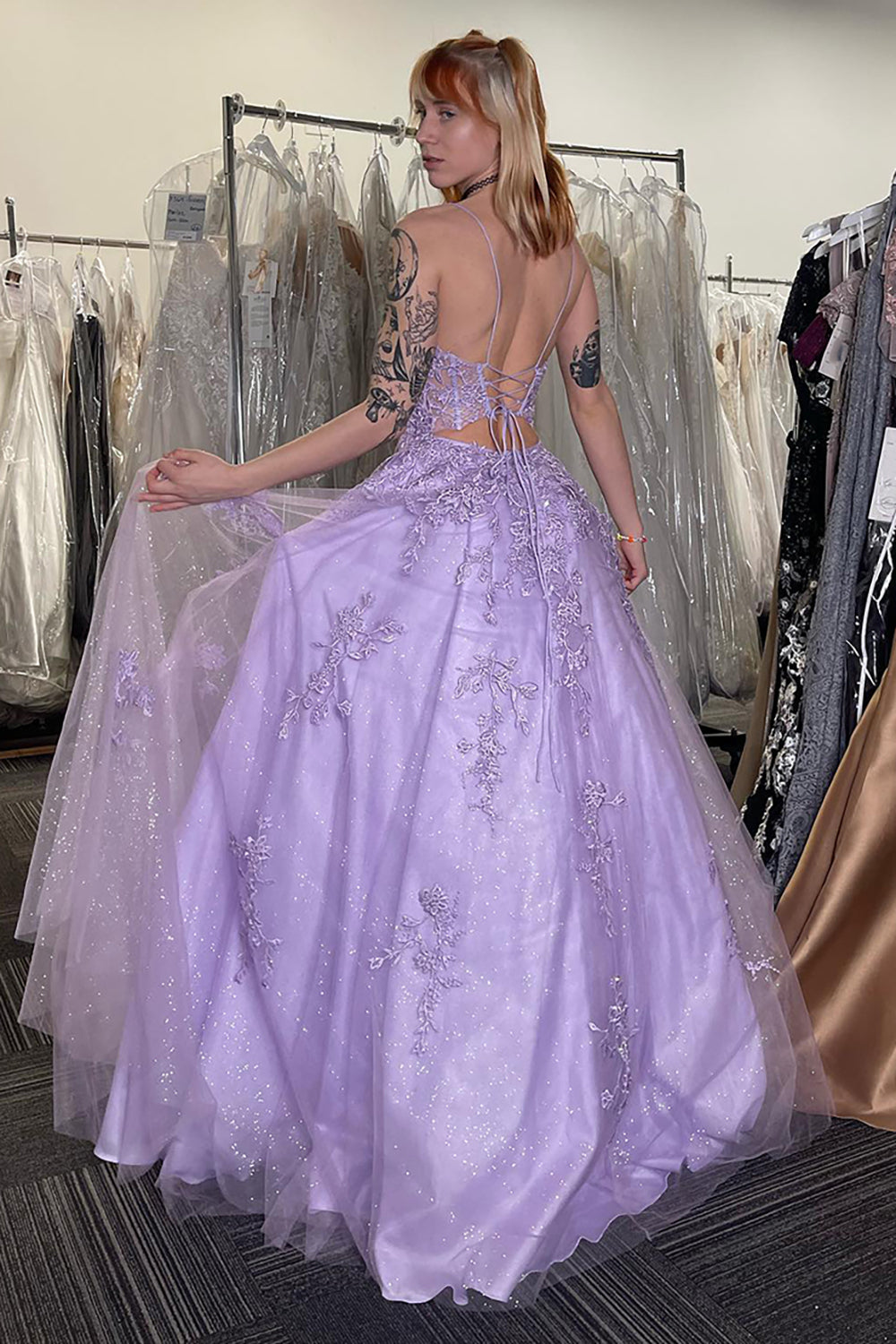 Long A-Line Prom Dress in Lilac with Spaghetti Straps and Tulle Appliques