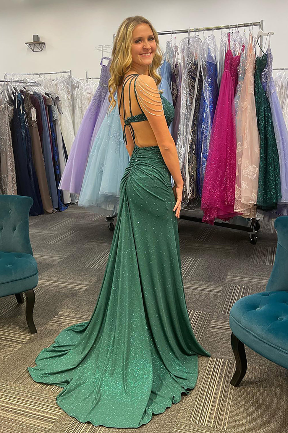 Long Beaded Mermaid Prom Dress in Dark Green with One Shoulder and High Slit