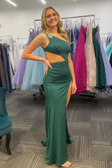 Long Beaded Mermaid Prom Dress in Dark Green with One Shoulder and High Slit