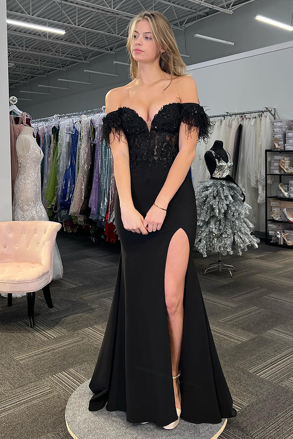 Long Satin Corset Prom Dress in Black with Feather and Mermaid Off-Shoulder Design