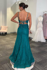 Emerald Green Glitter Mermaid Prom Dress with Spaghetti Straps and Long Slit