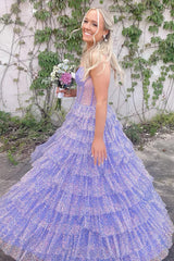 Lilac Sparkle Princess Corset Prom Dress with Tulle Tiers and Spaghetti Straps