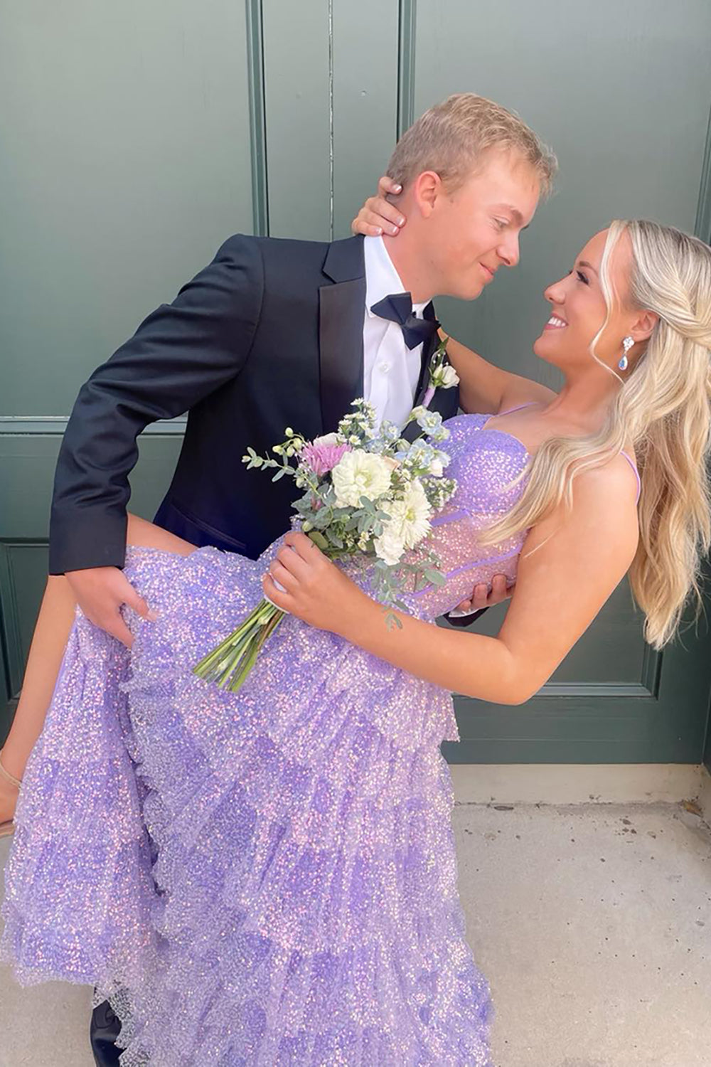 Lilac Sparkle Princess Corset Prom Dress with Tulle Tiers and Spaghetti Straps