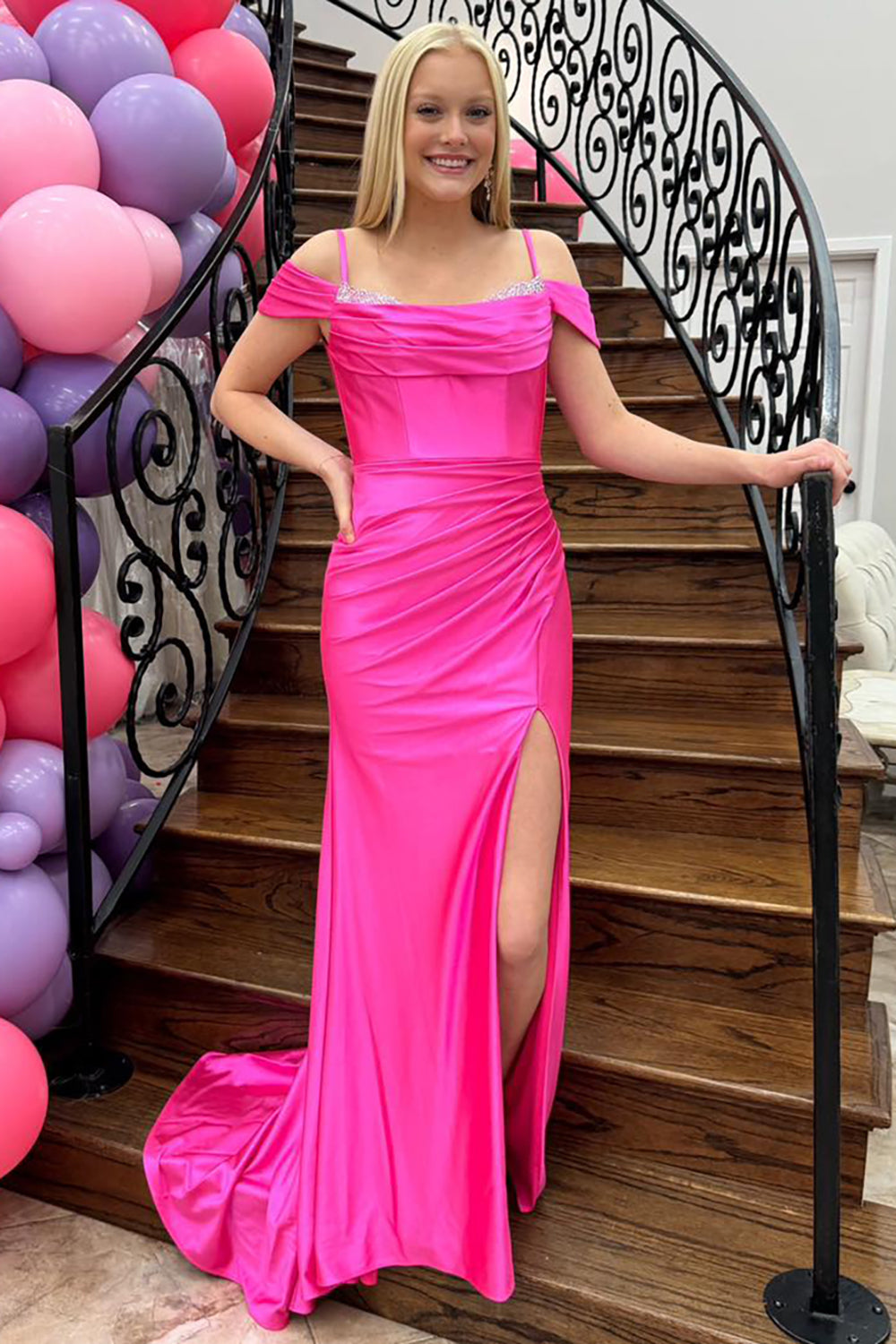 Long Prom Dress in Fuchsia Satin with Cold Shoulder and Beaded Mermaid Design