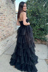 Long Black Prom Dress with Sweetheart Neckline Tiered Tulle and Applique Slit