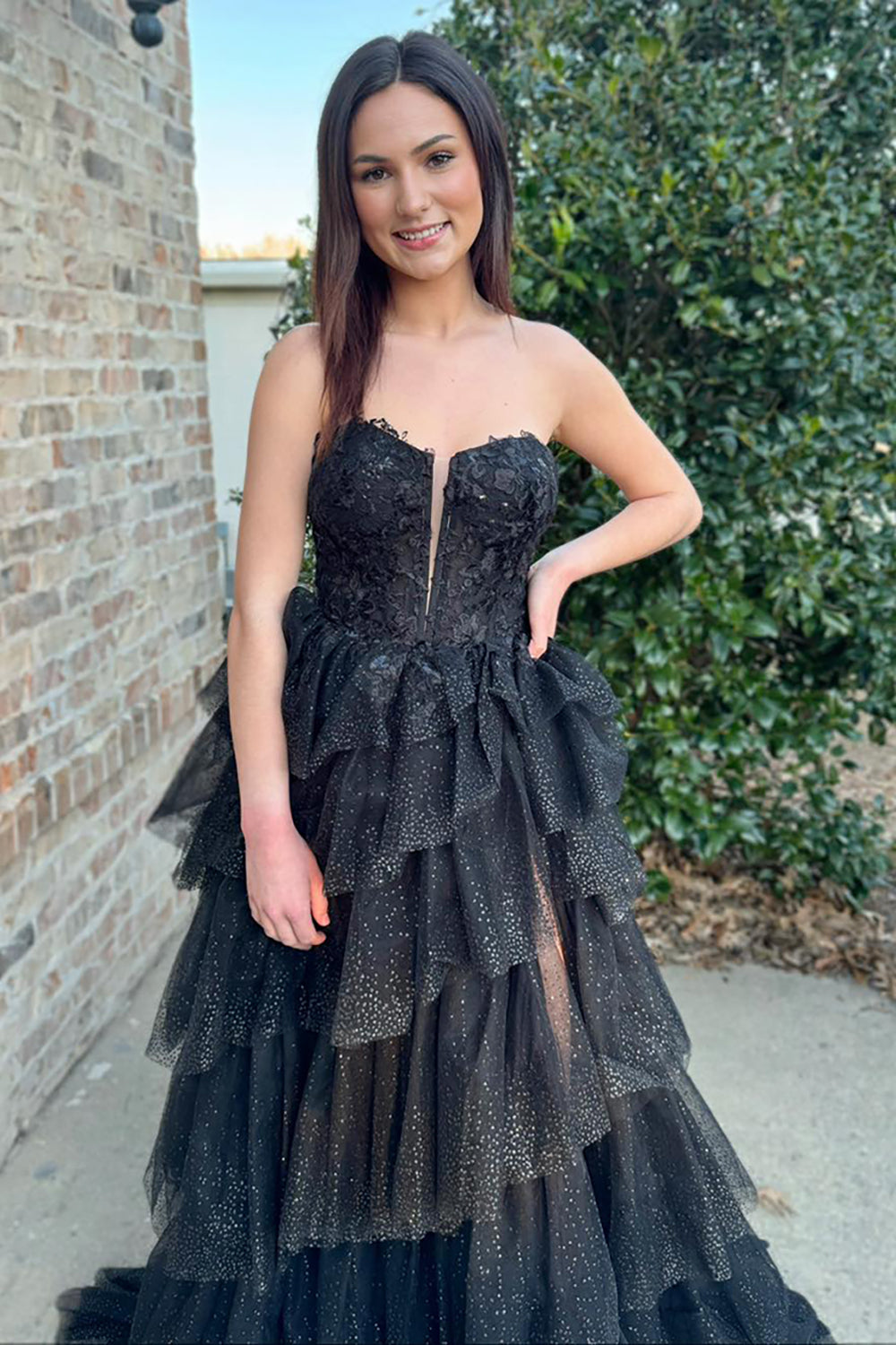 Long Black Prom Dress with Sweetheart Neckline Tiered Tulle and Applique Slit