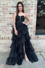 Long Black Prom Dress with Sweetheart Neckline Tiered Tulle and Applique Slit