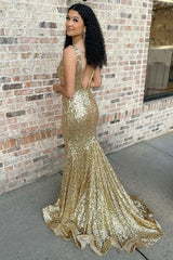 Long Mermaid Prom Dress with Gold Glitter V Neck and Sequins