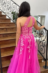 Long A Line Fuchsia Prom Dress in Tulle with One Shoulder and Appliques