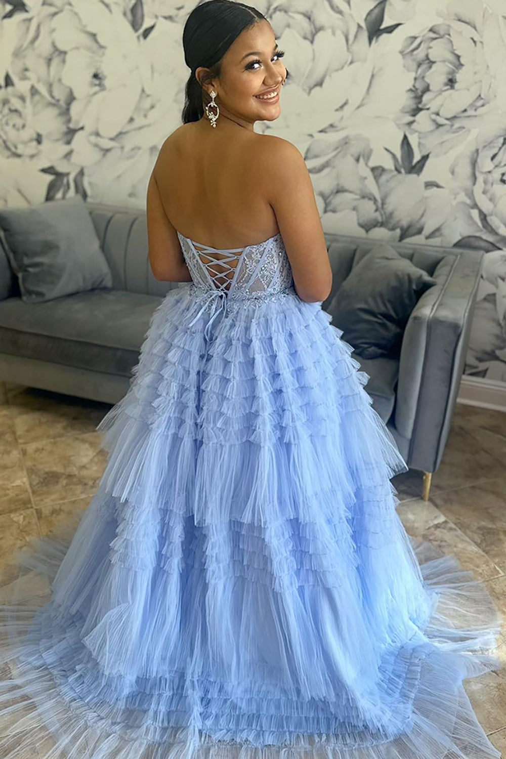 Sweetheart Long Prom Dress in Light Blue with Tiered Tulle Corset