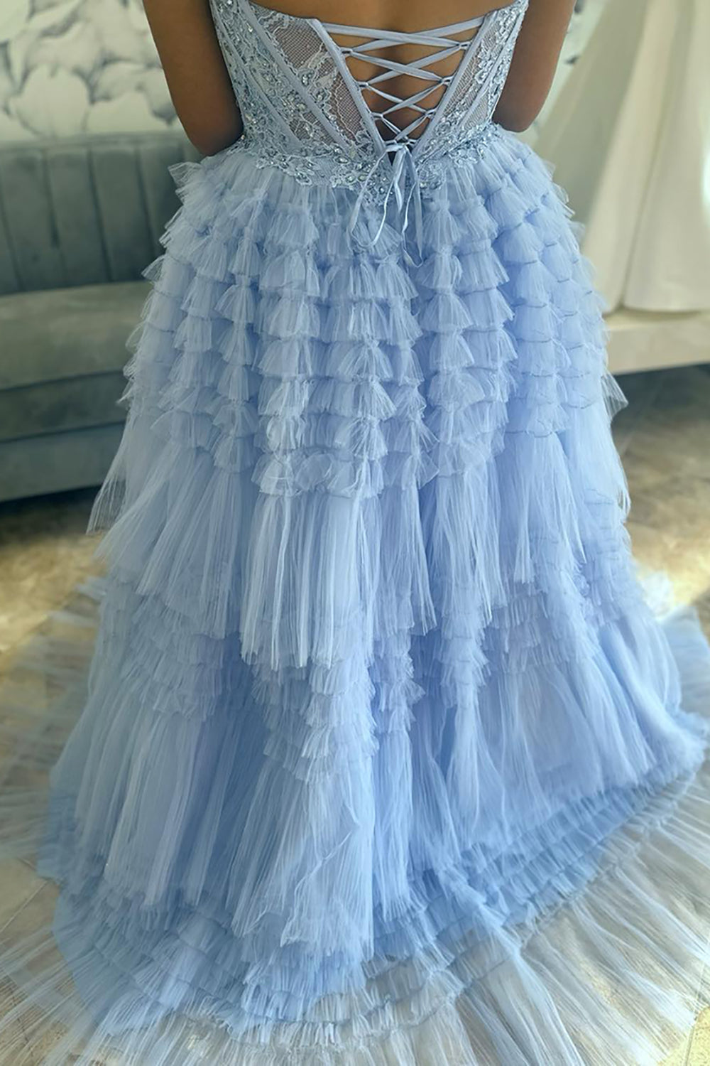 Sweetheart Long Prom Dress in Light Blue with Tiered Tulle Corset
