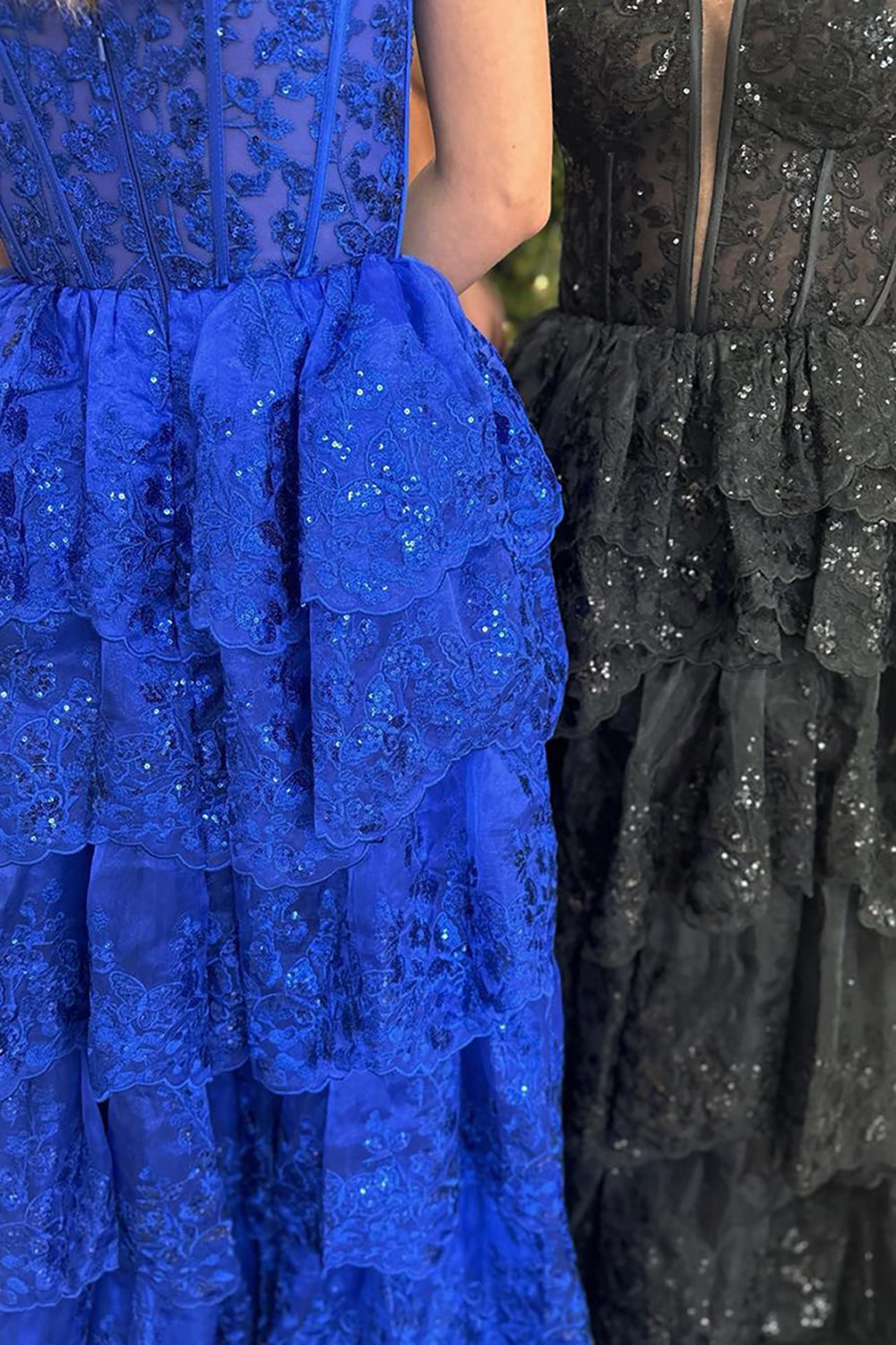 Long Corset Prom Dress in Royal Blue with Sequins Tulle Tiered Skirt Spaghetti Straps and Appliques