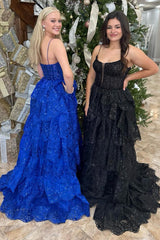 Long Corset Prom Dress in Royal Blue with Sequins Tulle Tiered Skirt Spaghetti Straps and Appliques