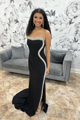 Long Strapless Black Mermaid Prom Dress with Beaded Details and Slit