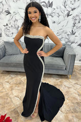 Long Strapless Black Mermaid Prom Dress with Beaded Details and Slit