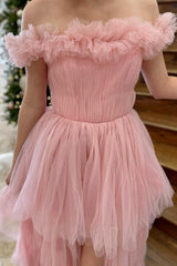 Off The Shoulder Long Prom Dress in Princess Pink with Tiered Tulle and Slit