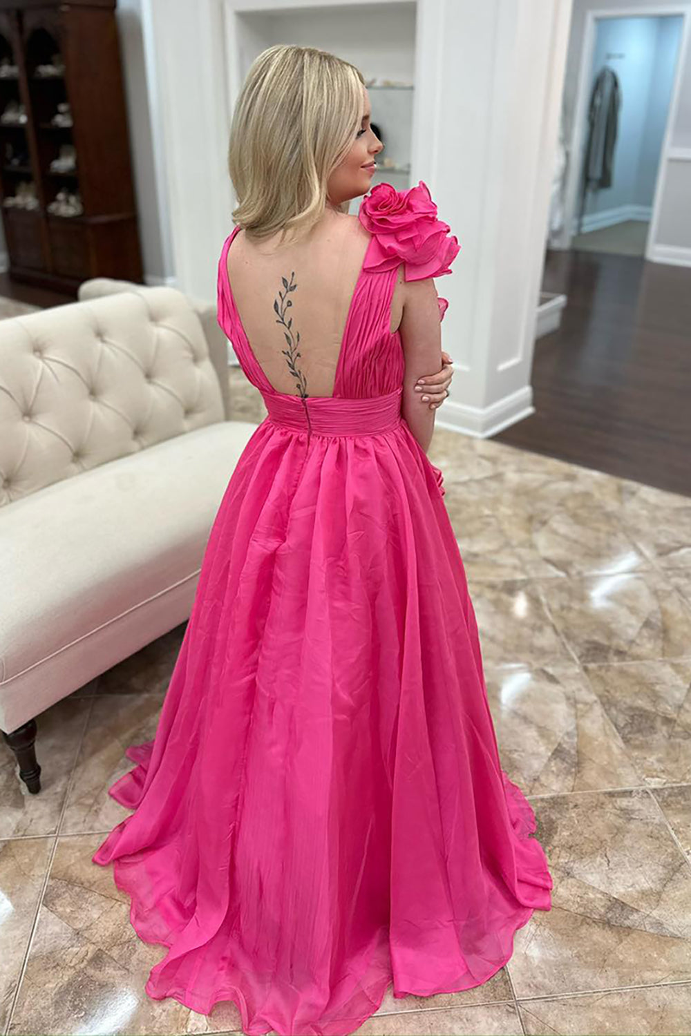 Long A Line Prom Dress with Ruffles in Fuchsia and V Neck