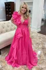 Long A Line Prom Dress with Ruffles in Fuchsia and V Neck