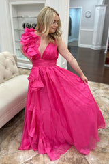 Long A Line Prom Dress with Ruffles in Fuchsia and V Neck
