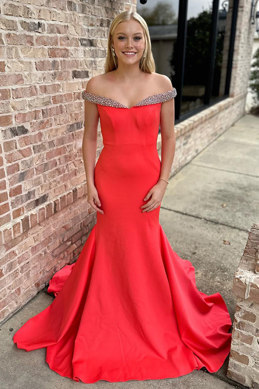 Long Red Mermaid Prom Dress with Beading Off the Shoulder
