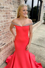 Long Red Mermaid Prom Dress with Beading Off the Shoulder