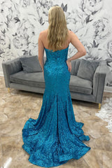 Long Corset Prom Dress with Sweetheart Neckline in Sparkly Turquoise Sequins and Mermaid Silhouette
