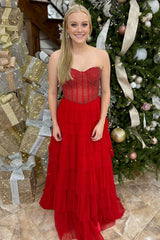 Long A-Line Corset Prom Dress in Red with Sweetheart Neckline Tiered Tulle & Beading