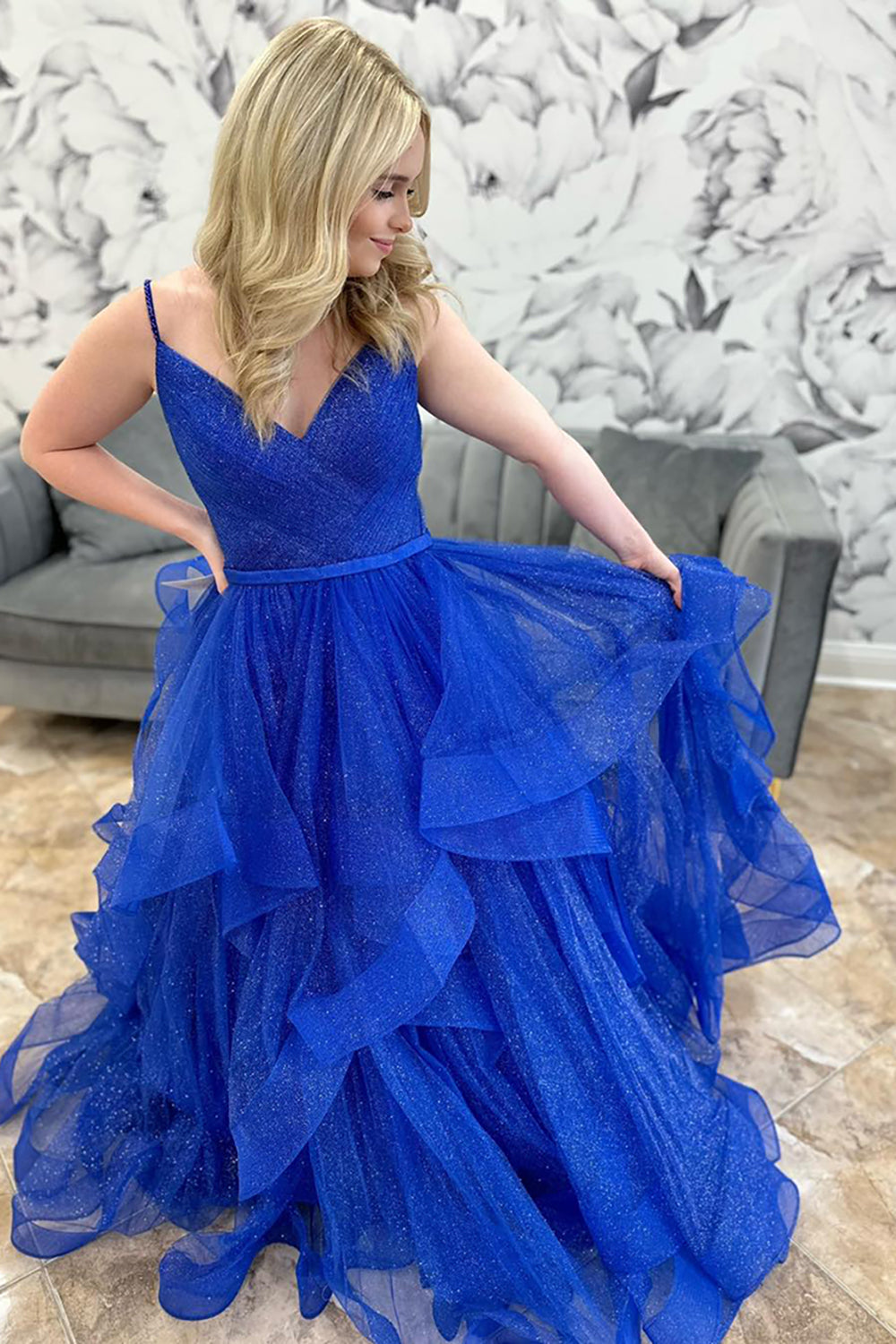 Royal Blue Sparkly Long Prom Dress with Tulle Tiers and Spaghetti Straps
