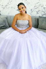 Long Lilac Tulle Prom Dress with Beading Strapless Princess Style