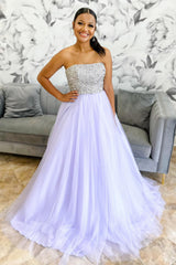 Long Lilac Tulle Prom Dress with Beading Strapless Princess Style