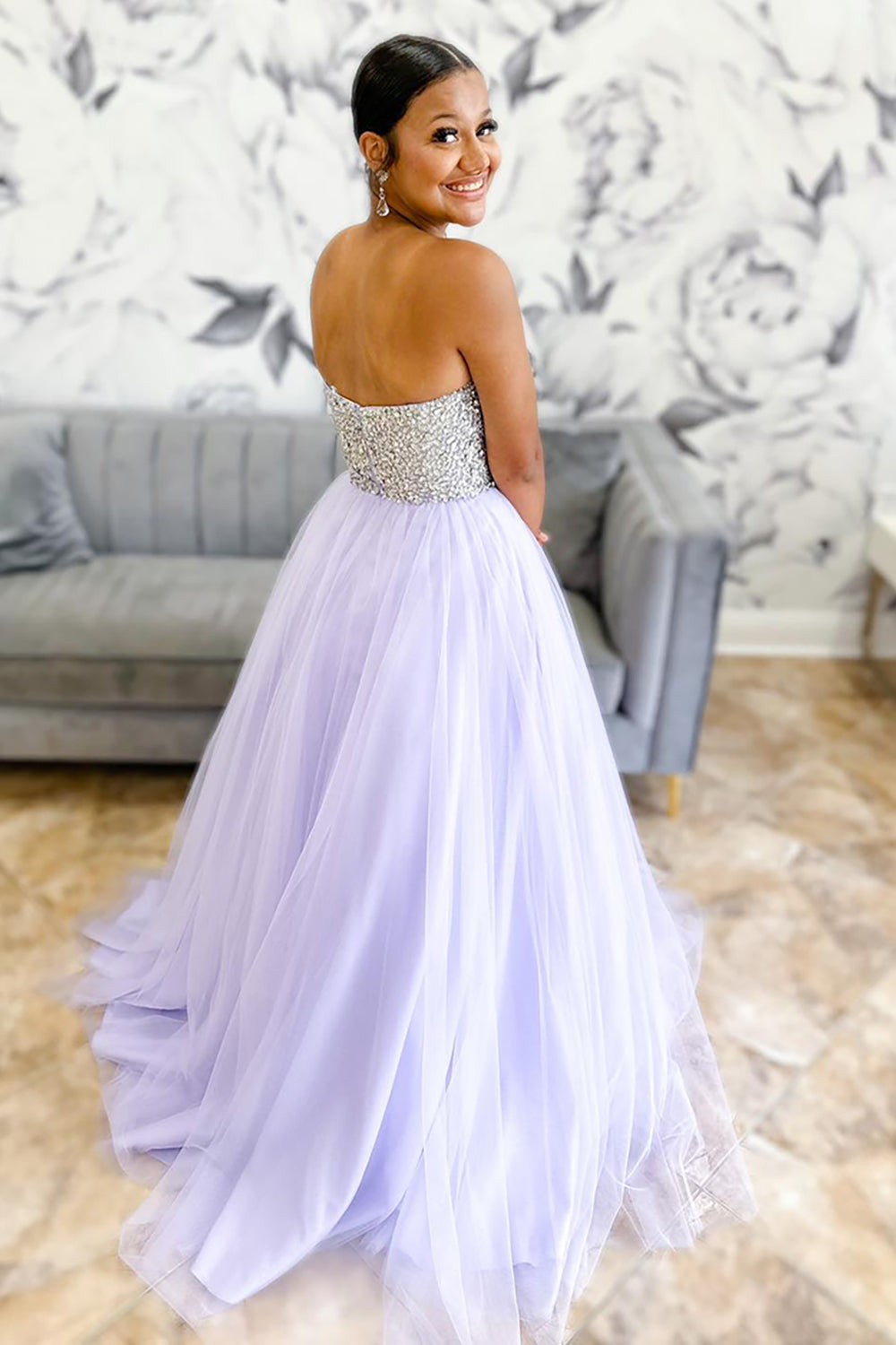 Long Lilac Tulle Prom Dress with Beading Strapless Princess Style