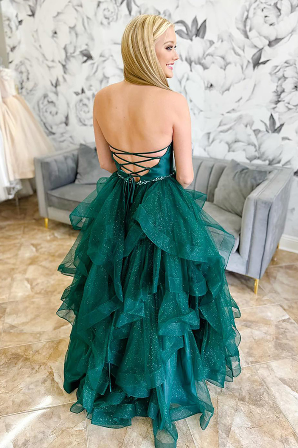 Long Prom Dress in Sparkly Emerald Green with Sweetheart Neckline and Beaded Tulle