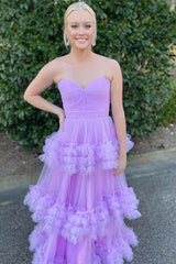Long Tiered Tulle Prom Dress for Sweetheart Princess in Lavender