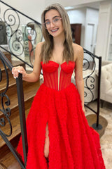 Red Sweetheart Princess Corset Prom Dress in Long Tiered Tulle with Slit