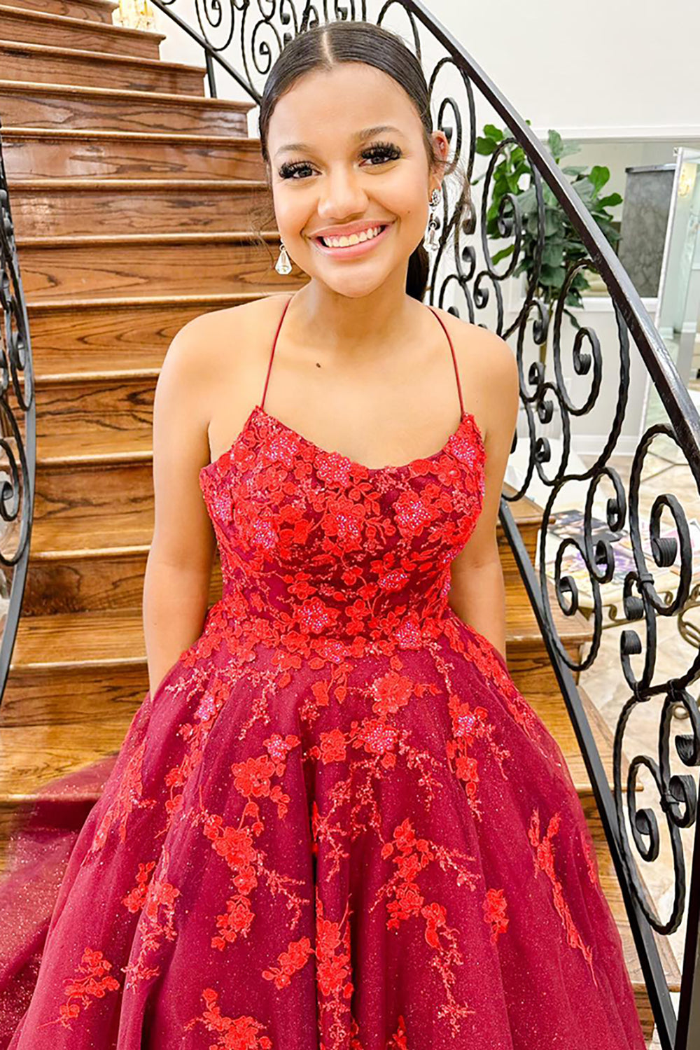 Princess Long Prom Dress in Dark Red with Spaghetti Straps and Tulle Appliques