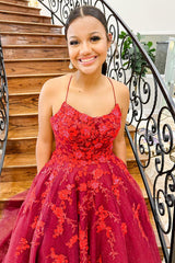 Princess Long Prom Dress in Dark Red with Spaghetti Straps and Tulle Appliques