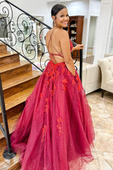 Princess Long Prom Dress in Dark Red with Spaghetti Straps and Tulle Appliques