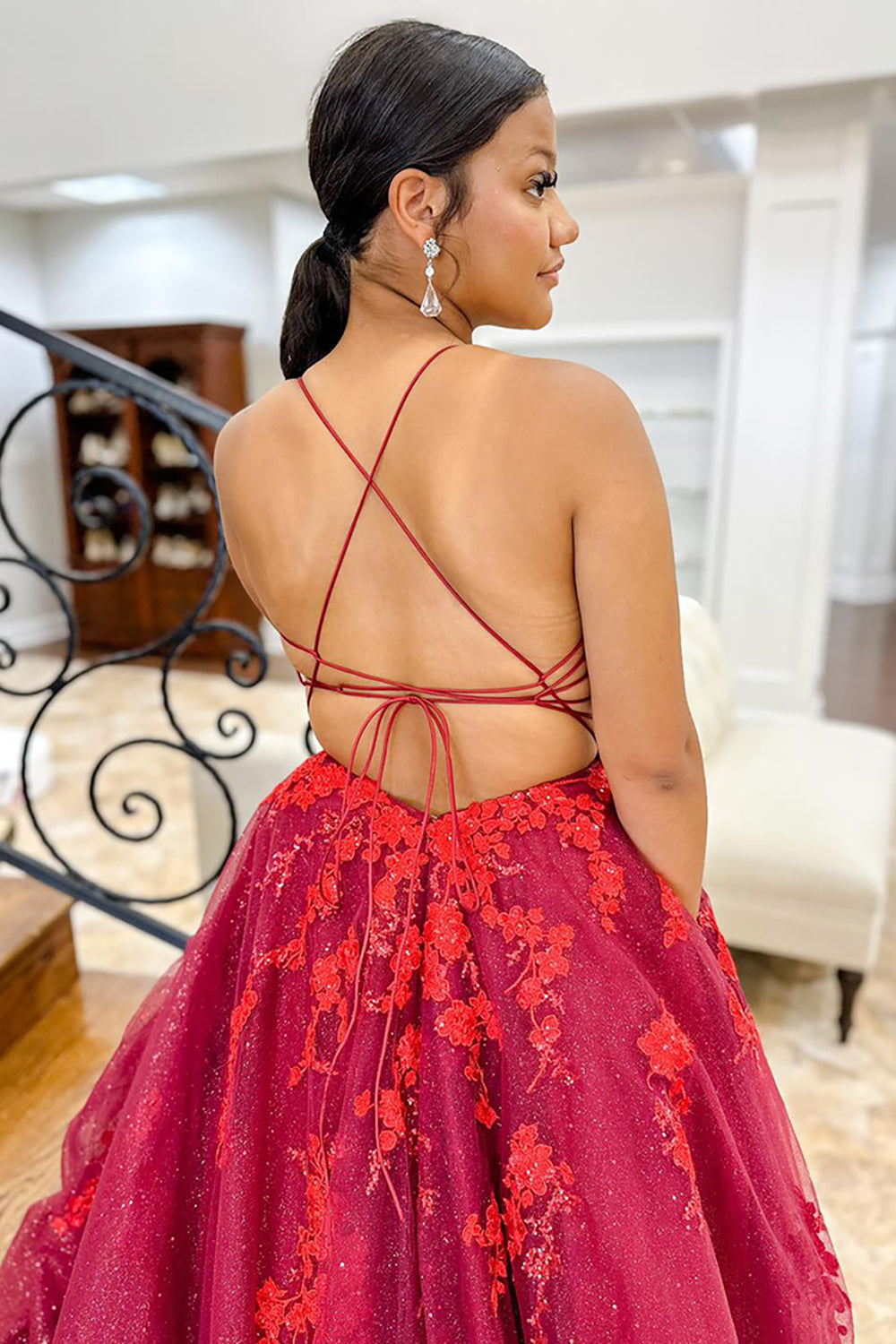 Princess Long Prom Dress in Dark Red with Spaghetti Straps and Tulle Appliques