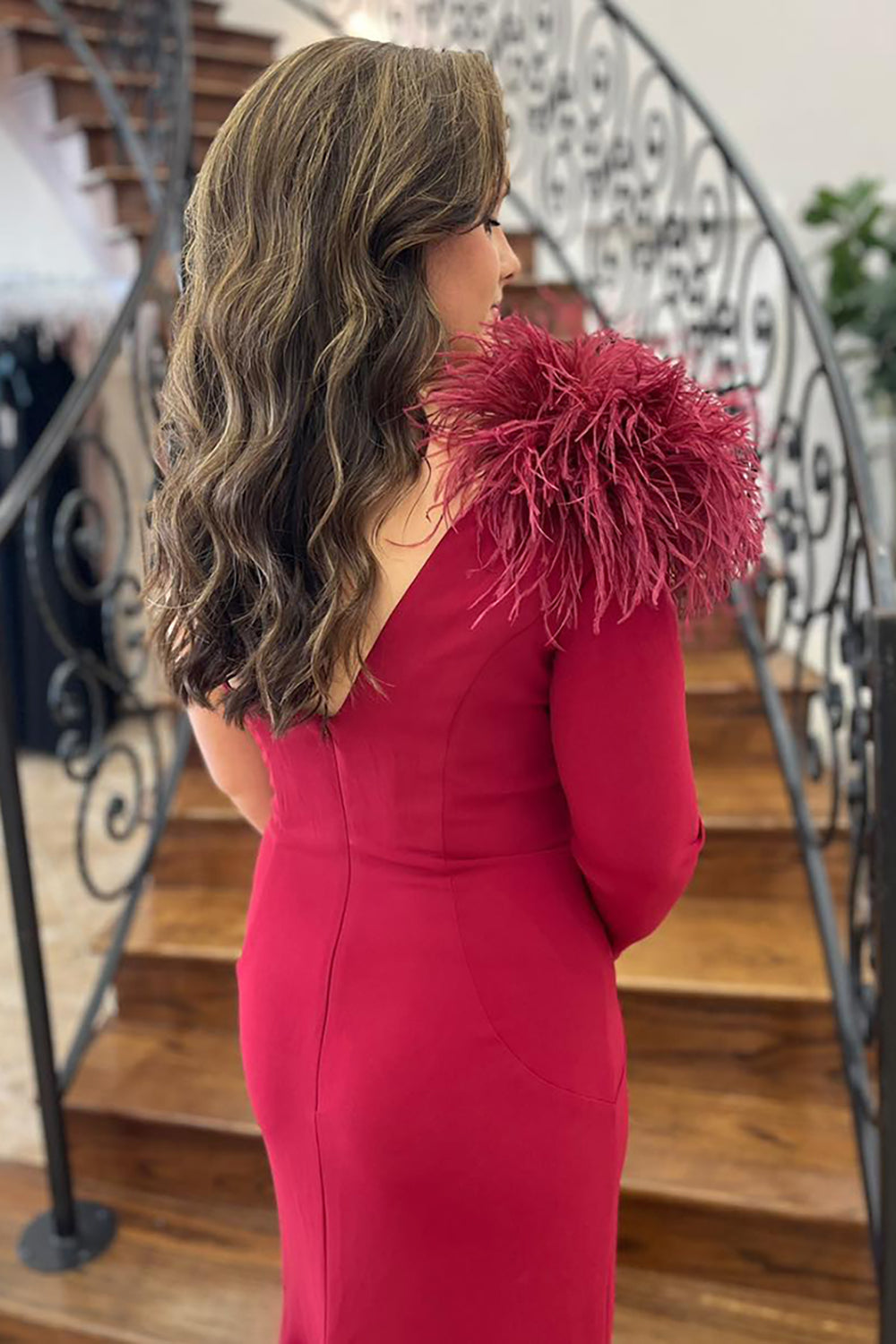 Long Burgundy Mermaid Prom Dress with Feather Trim and One Shoulder Slit