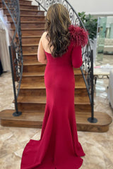 Long Burgundy Mermaid Prom Dress with Feather Trim and One Shoulder Slit