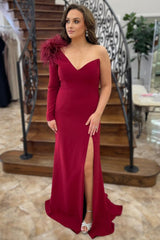 Long Burgundy Mermaid Prom Dress with Feather Trim and One Shoulder Slit