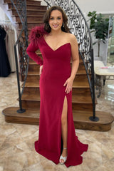 Long Burgundy Mermaid Prom Dress with Feather Trim and One Shoulder Slit